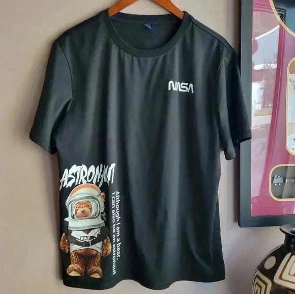 NASA "TEDDY BEAR ASTRONAUT" Space Black Short Sleeve T-Shirt Tee Large - Picture 1 of 11